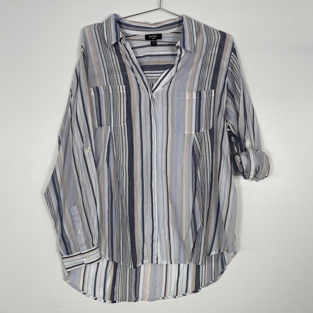 Lord & Taylor Shirt Womens 3X‎ Blue Striped Button Front Roll Tab High Low Hem